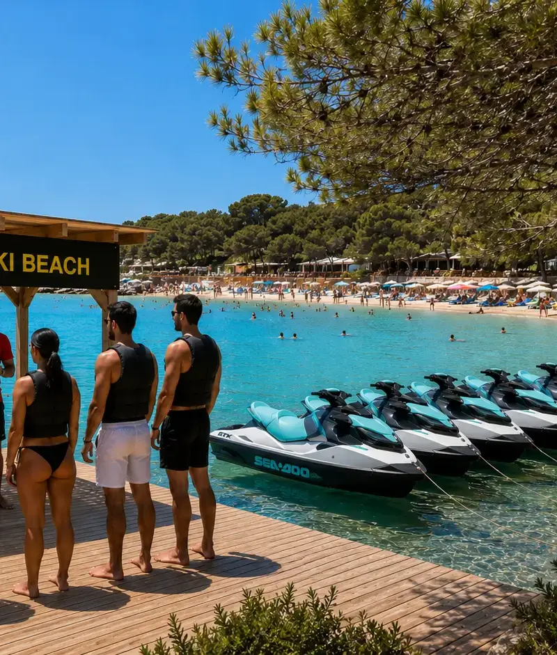 Cala Bassa, punto de salida de excursiones en moto de agua, Ibiza