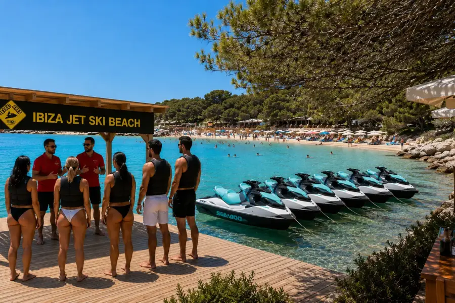 Cala Bassa, punto de salida de excursiones en moto de agua, Ibiza