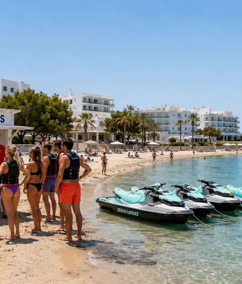 Cala de Bou, punto de salida de excursiones en moto de agua, Ibiza